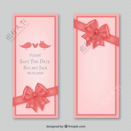 粉色蝴蝶结装饰婚礼卡矢量图