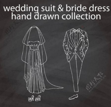 黑板上婚礼西装礼服草图