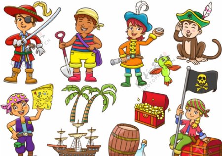 海盗装扮儿童和装饰物矢量素材