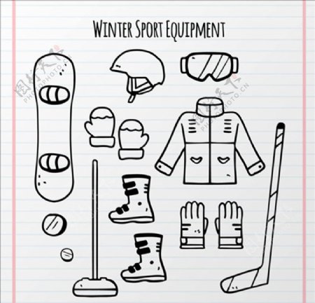 手绘简笔滑雪运动用品配件