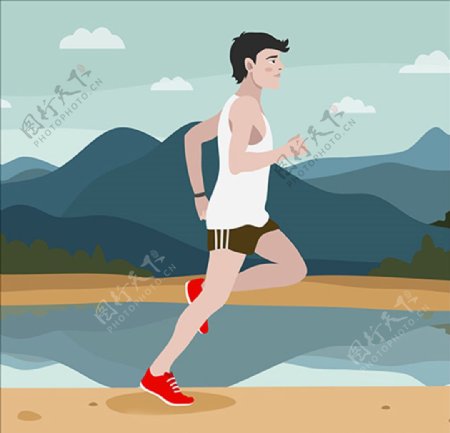 卡通男子河边跑步锻炼海报