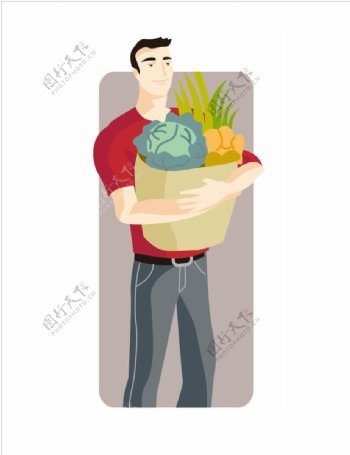 手抱蔬菜的年轻男子