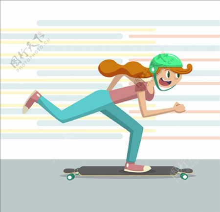 卡通滑滑板的女生