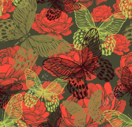 红色牡丹花与蝴蝶背景矢量素材