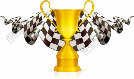 方程式赛车奖杯与旗子设计矢量