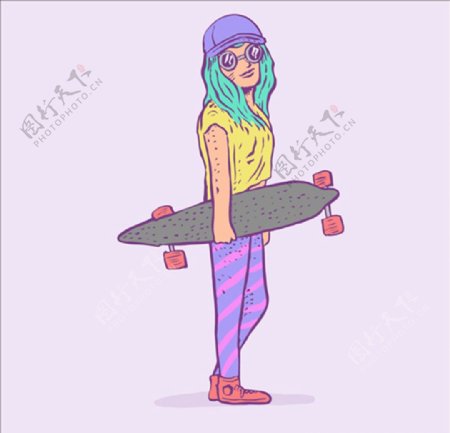 卡通嘻哈风格滑板女生插图