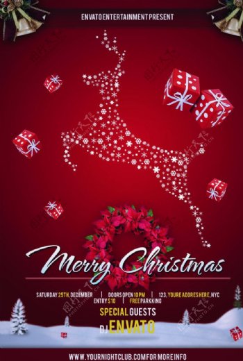 圣诞雪花麋鹿背景圣诞节海报