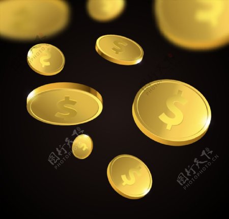 黑色背景上漂浮的金币矢量素材