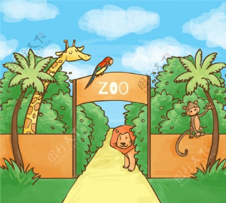 彩绘动物园大门插画矢量素材
