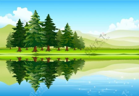 卡通手绘风景湖边树木山水