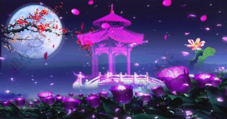 中国风中秋节月亮凉亭花瓣视频素