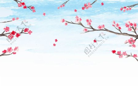 春季水彩蓝天樱花海报背景
