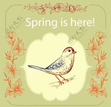 手绘复古春季小鸟花卉插图