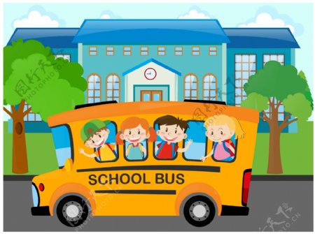 卡通儿童节在校车上的孩子