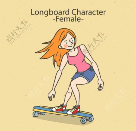 卡通儿童节玩滑板的女孩