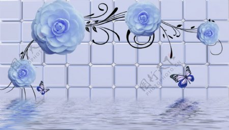 唯美蓝色妖姬3D电视背景墙