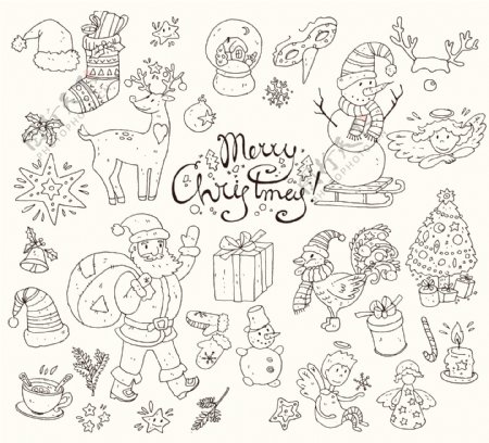 手绘线条冬季圣诞雪人涂鸦矢量背景