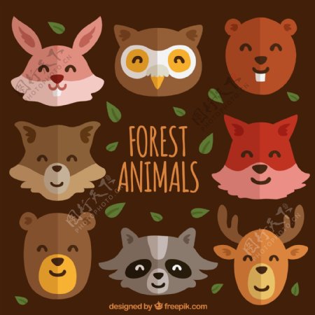 8款可爱笑脸森林动物头像矢量图