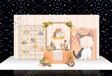 香槟色猫奴婚礼猫咪主题婚礼甜品桌摆件区