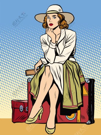 坐在旅行箱的女人漫画风格人物矢量素材