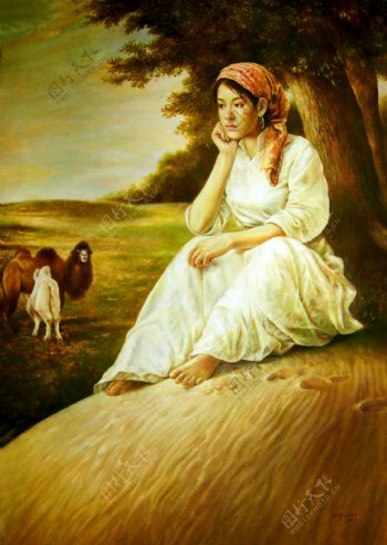 乡村美女油画背景图片