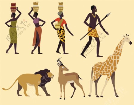 非洲部落人物动物矢量背景