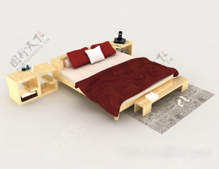 红色木质双人床3d模型下载