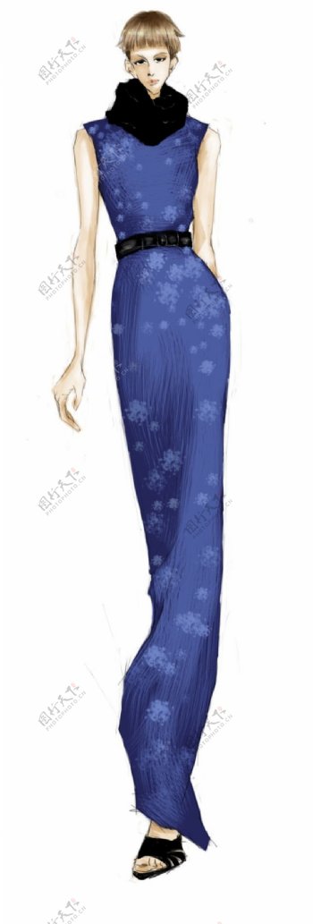浅蓝色花纹长裙设计图