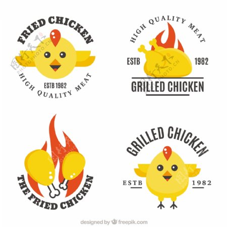 四个黄色小鸡鸡肉标志logo平面设计素材