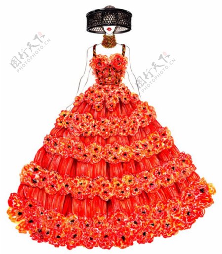 红色花朵蓬蓬裙设计图
