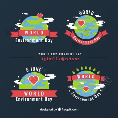 带丝带和红心的四世界环境日标签