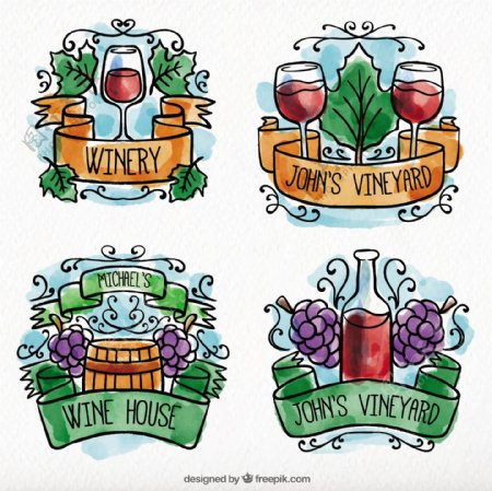 几个水彩葡萄酒标签