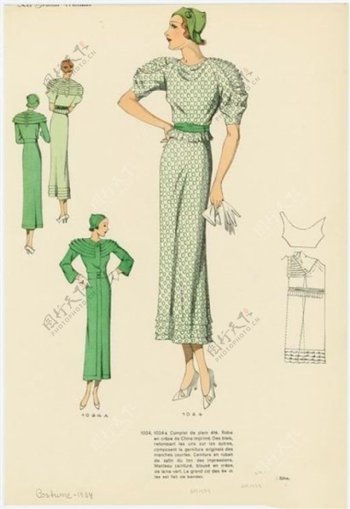 欧式绿色斑点长裙设计图