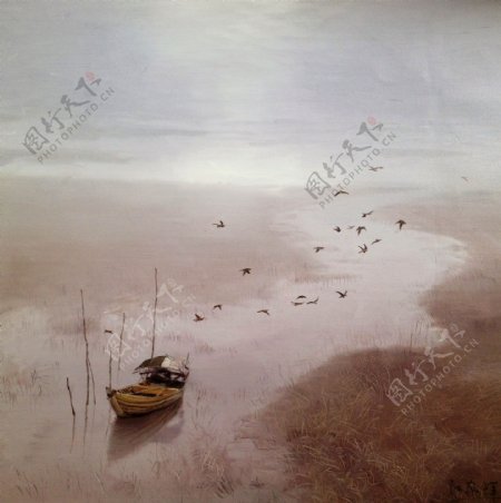 水上小船油画图片