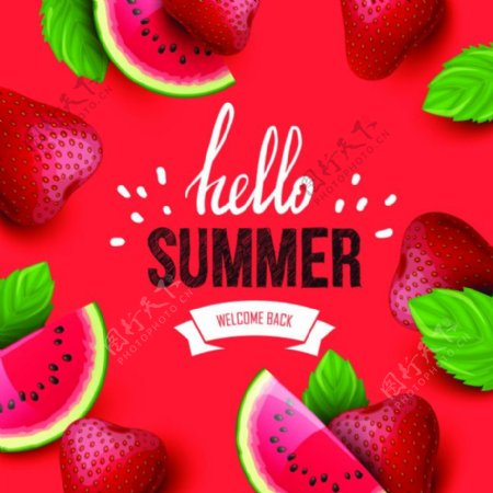 红色背景夏日水果矢量海报