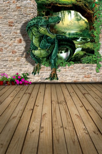 绿颜色的恐龙立体视觉摄影背景图片