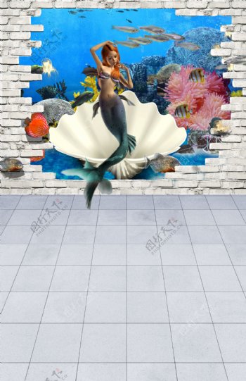 海底的美人鱼创意影楼摄影背景图片