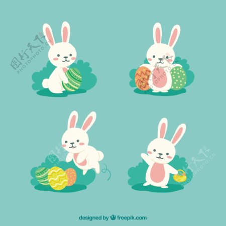 一组可爱复活节小白兔
