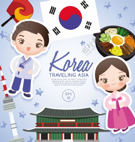 卡通韩国旅游海报矢量素材下载