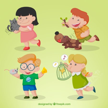 4款卡通快乐儿童和小动物矢量素材