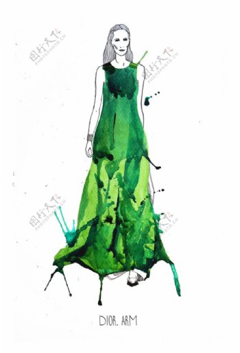 绿色水墨连衣裙设计图