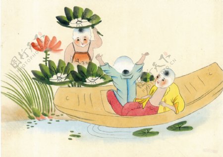 荷塘小船上玩耍的儿童图片