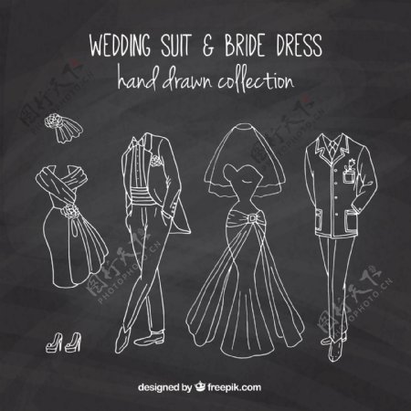 4款婚礼服饰黑板画矢量素材