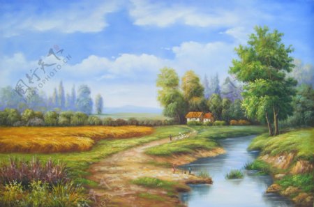 乡村河流油画图片