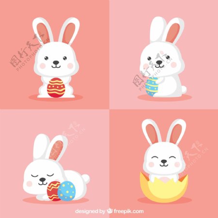 4款可爱白色抱彩蛋的兔子矢量素材