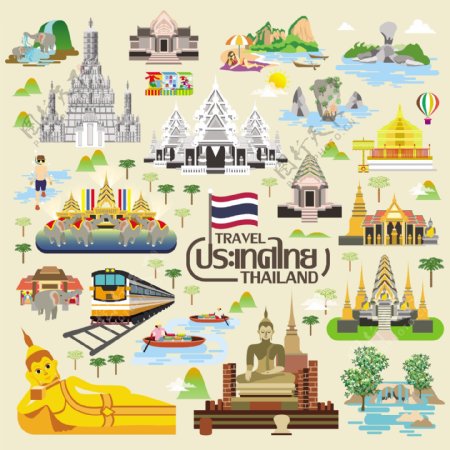 卡通泰国旅游场景海报元素矢量素材