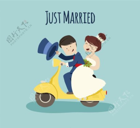 卡通骑电动车的婚礼新人矢量图