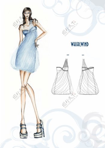 蓝色单肩连衣裙设计图