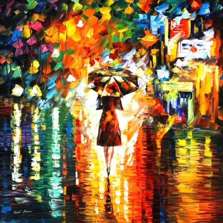彩绘下雨的街道装饰画