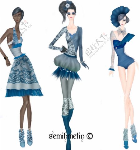 三款蓝色系女装设计图